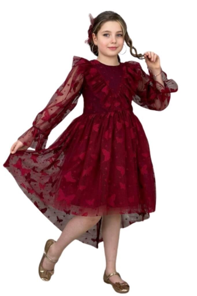 Kız Çocuk Kelebek Desenli Transparan Detaylı Kuyruklu Bordo Elbise