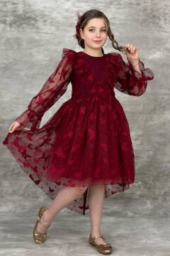 Kız Çocuk Kelebek Desenli Transparan Detaylı Kuyruklu Bordo Elbise