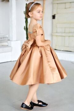 Kız Çocuk Yakası Taş Şerit İşlemeli Şeffaf Tül Detaylı Balon Kollu Kahverengi Saten Abiye