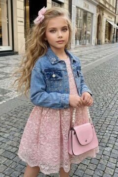 Kız Çocuk Jean Ceketli Dantel İşlemeli Tüllü Pudra Abiye