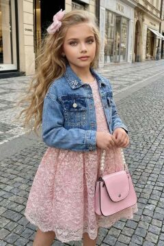 Kız Çocuk Jean Ceketli Dantel İşlemeli Tüllü Pudra Abiye