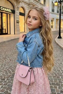 Kız Çocuk Jean Ceketli Dantel İşlemeli Tüllü Pudra Abiye