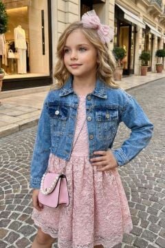Kız Çocuk Jean Ceketli Dantel İşlemeli Tüllü Pudra Abiye