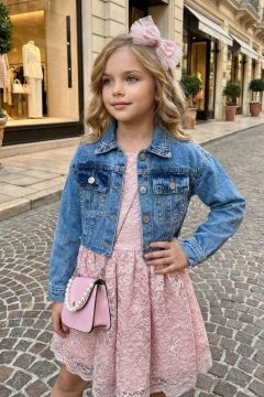 Kız Çocuk Jean Ceketli Dantel İşlemeli Tüllü Pudra Abiye