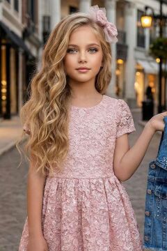 Kız Çocuk Jean Ceketli Dantel İşlemeli Tüllü Pudra Abiye