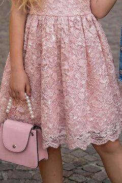 Kız Çocuk Jean Ceketli Dantel İşlemeli Tüllü Pudra Abiye