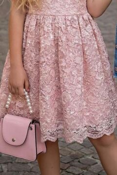 Kız Çocuk Jean Ceketli Dantel İşlemeli Tüllü Pudra Abiye