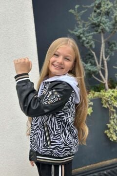 Kız Çocuk V Cool Yazı Baskılı Sweatshirt Zebra ve Gold Şerit Detaylı Deri Eşofman Takım