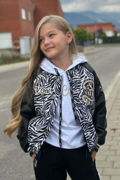 Kız Çocuk V Cool Yazı Baskılı Sweatshirt Zebra ve Gold Şerit Detaylı Deri Eşofman Takım