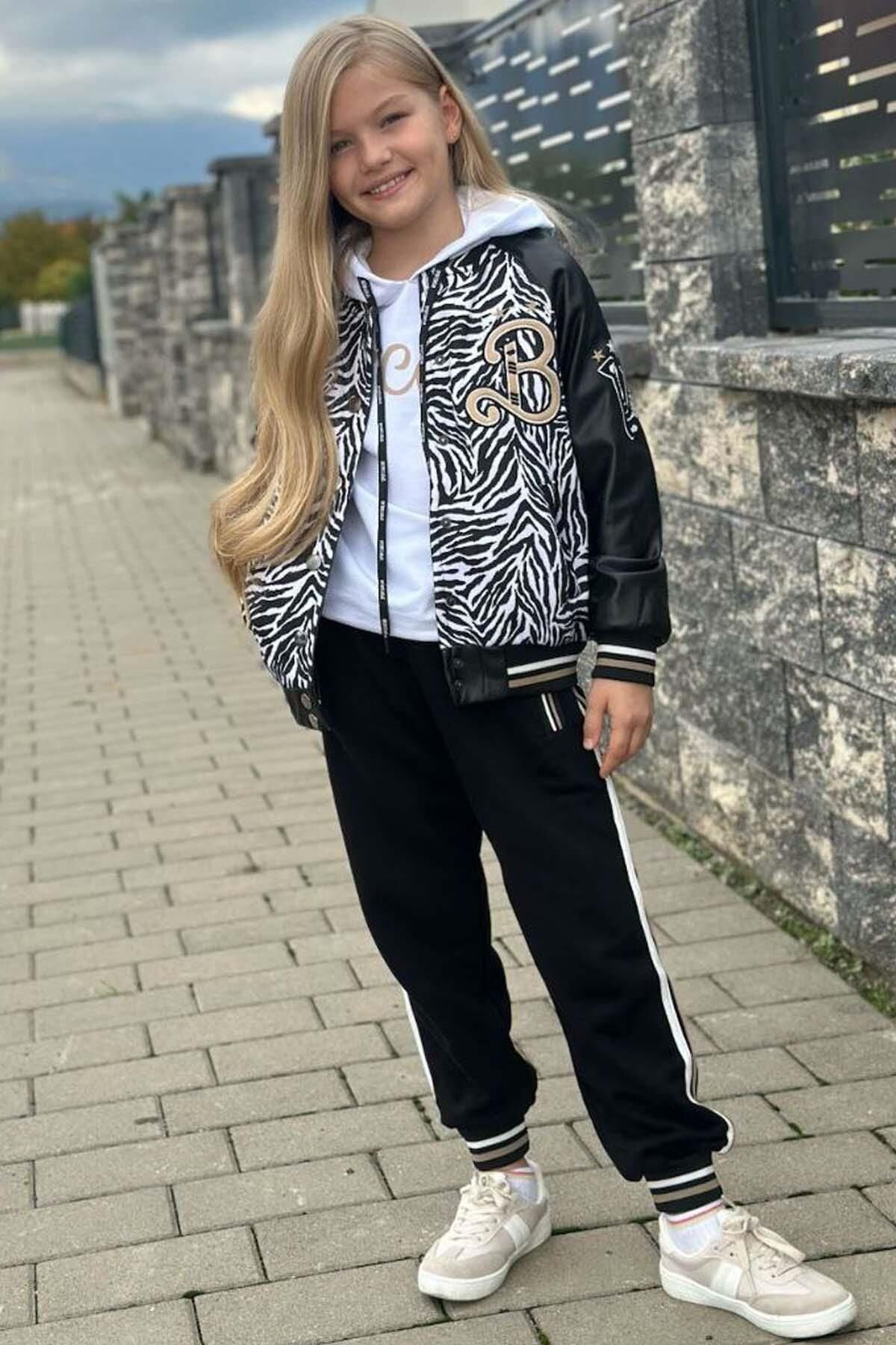 Kız Çocuk V Cool Yazı Baskılı Sweatshirt Zebra ve Gold Şerit Detaylı Deri Eşofman Takım