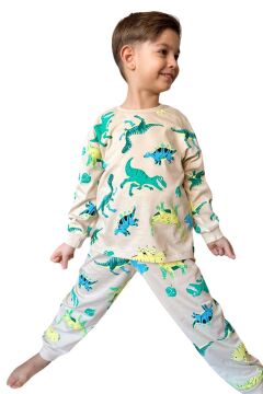 Erkek Çocuk Üzeri Dinazor Baskılı Bisiklet Yaka Pijama Takımı