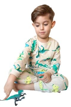 Erkek Çocuk Üzeri Dinazor Baskılı Bisiklet Yaka Pijama Takımı