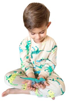 Erkek Çocuk Üzeri Dinazor Baskılı Bisiklet Yaka Pijama Takımı