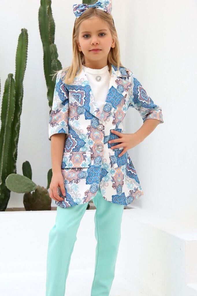 Kız Çocuk Şal Desenli Turkuaz Alt Üst Takım