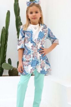 Kız Çocuk Şal Desenli Turkuaz Alt Üst Takım