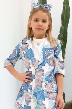 Kız Çocuk Şal Desenli Turkuaz Alt Üst Takım