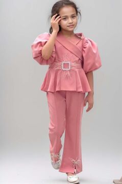 Kız Çocuk Fermuar ve Kemer Detaylı Kruvaze Yaka Pembe Alt Üst Takım
