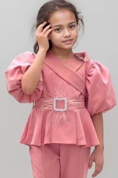 Kız Çocuk Fermuar ve Kemer Detaylı Kruvaze Yaka Pembe Alt Üst Takım