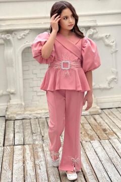 Kız Çocuk Fermuar ve Kemer Detaylı Kruvaze Yaka Pembe Alt Üst Takım