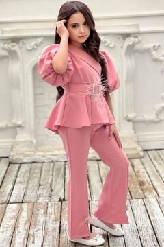 Kız Çocuk Fermuar ve Kemer Detaylı Kruvaze Yaka Pembe Alt Üst Takım