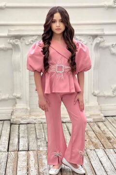 Kız Çocuk Fermuar ve Kemer Detaylı Kruvaze Yaka Pembe Alt Üst Takım