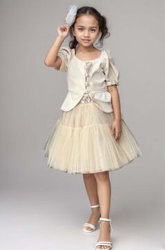 Kız Çocuk Karpuz Kol Düğme Detaylı Ceket Kat Kat Tül Krem Etekli Takım