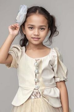 Kız Çocuk Karpuz Kol Düğme Detaylı Ceket Kat Kat Tül Krem Etekli Takım