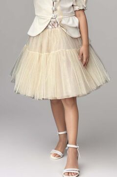 Kız Çocuk Karpuz Kol Düğme Detaylı Ceket Kat Kat Tül Krem Etekli Takım