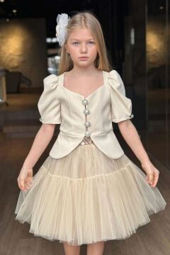 Kız Çocuk Karpuz Kol Düğme Detaylı Ceket Kat Kat Tül Krem Etekli Takım