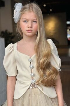 Kız Çocuk Karpuz Kol Düğme Detaylı Ceket Kat Kat Tül Krem Etekli Takım