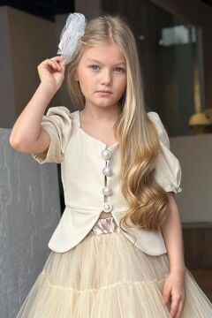 Kız Çocuk Karpuz Kol Düğme Detaylı Ceket Kat Kat Tül Krem Etekli Takım