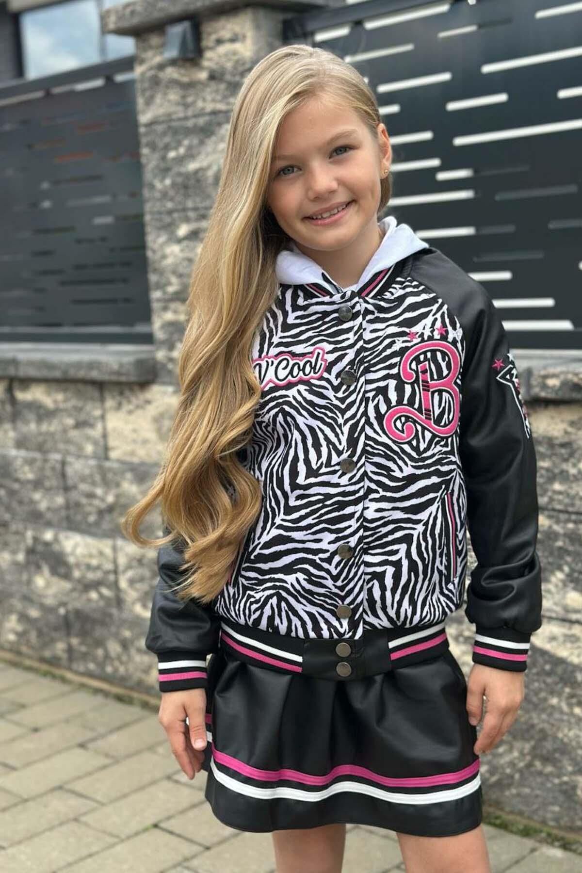 Kız Çocuk V Cool Yazı Baskılı Sweatshirt Zebra ve Pembe Şerit Detaylı Deri Ceketli Etekli Takım