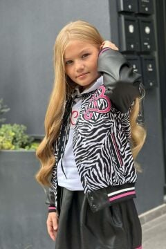 Kız Çocuk V Cool Yazı Baskılı Sweatshirt Zebra ve Pembe Şerit Detaylı Deri Ceketli Etekli Takım