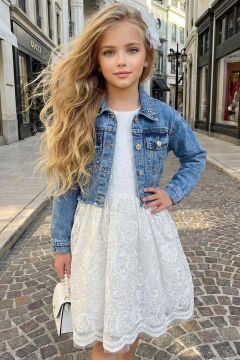 Kız Çocuk Jean Ceketli Dantel İşlemeli Tüllü Beyaz Abiye