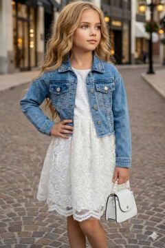 Kız Çocuk Jean Ceketli Dantel İşlemeli Tüllü Beyaz Abiye