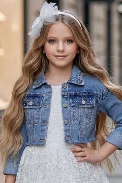 Kız Çocuk Jean Ceketli Dantel İşlemeli Tüllü Beyaz Abiye