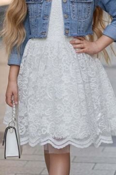 Kız Çocuk Jean Ceketli Dantel İşlemeli Tüllü Beyaz Abiye