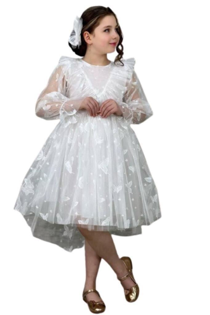 Kız Çocuk Kelebek Desenli Transparan Detaylı Kuyruklu Beyaz Elbise