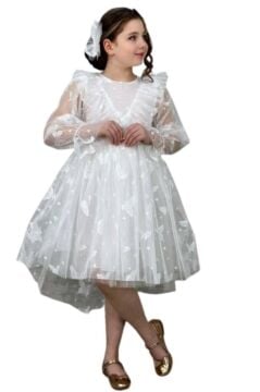 Kız Çocuk Kelebek Desenli Transparan Detaylı Kuyruklu Beyaz Elbise