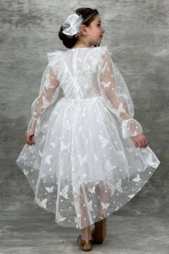 Kız Çocuk Kelebek Desenli Transparan Detaylı Kuyruklu Beyaz Elbise