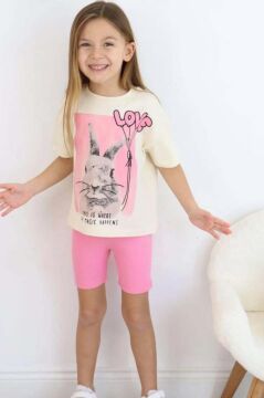 Kız Çocuk Üzeri Digital Yazı ve Tavşan Baskılı T-Shirt Fitilli Şortlu Takım