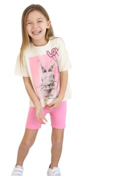 Kız Çocuk Üzeri Digital Yazı ve Tavşan Baskılı T-Shirt Fitilli Şortlu Takım