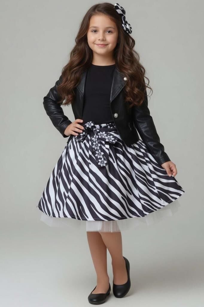 Kız Çocuk Deri Ceket ve Zebra Baskılı Saten Siyah Etekli Takım