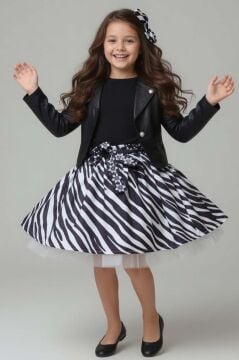 Kız Çocuk Deri Ceket ve Zebra Baskılı Saten Siyah Etekli Takım