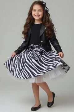 Kız Çocuk Deri Ceket ve Zebra Baskılı Saten Siyah Etekli Takım