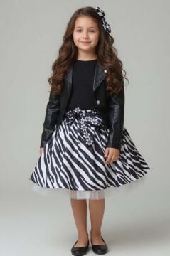 Kız Çocuk Deri Ceket ve Zebra Baskılı Saten Siyah Etekli Takım