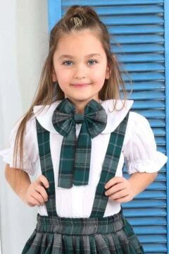 Kız Çocuk Kolları Fırfırlı Bebe Yaka Gömlek Üzeri Kare Çizgili Etekli Yeşil Salopet Takım