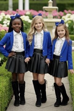 Kız Çocuk Elmas Taşlı Volanlı Gömlek Lacivert Blazer Ceket Taş Detaylı Deri Etekli Takım