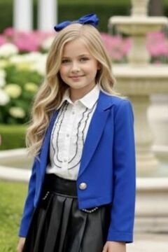 Kız Çocuk Elmas Taşlı Volanlı Gömlek Lacivert Blazer Ceket Taş Detaylı Deri Etekli Takım