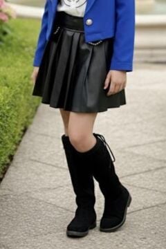 Kız Çocuk Elmas Taşlı Volanlı Gömlek Lacivert Blazer Ceket Taş Detaylı Deri Etekli Takım